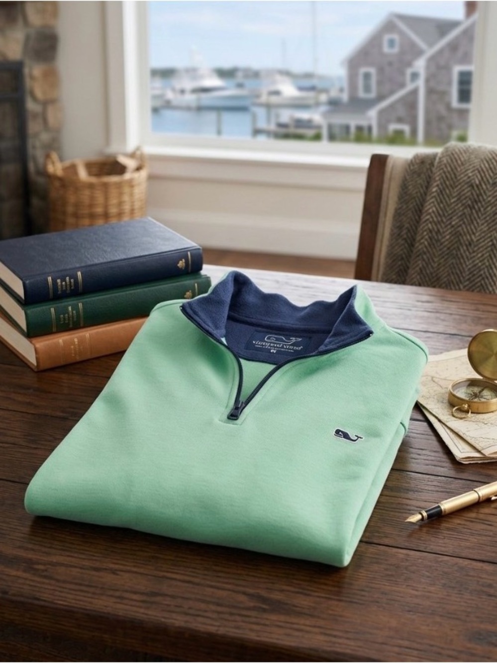 Vineyard Vines Mint Green Quarter-Zip with Navy Trim